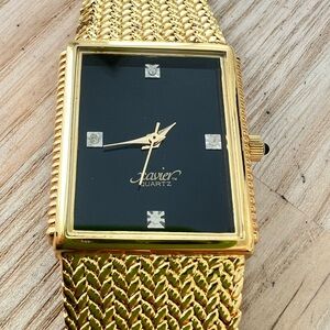 Vintage style Xavier mens rectangular gold tone dress watch NEW BATTERY
